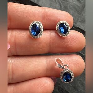 Sapphire Blue and Silver Oval Earrings with Pendant